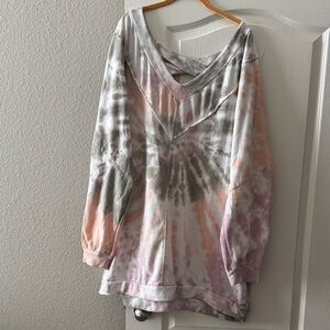 Women's Tie-Dye V-Neck Pullover Hoodie - Pastel Pink, Gray & Peach